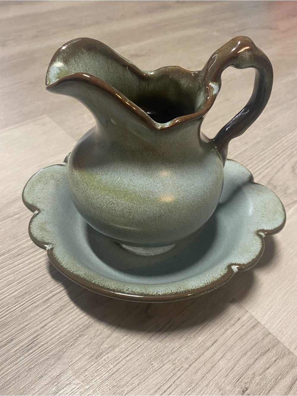 Vintage Frankoma Pottery Prairie Green Pitcher & Basin Set 30A 30B Red Clay MCM